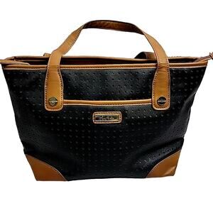 Marc Fisher Black Tan Perforated Vegan Leather Double Handle Handbag Purse